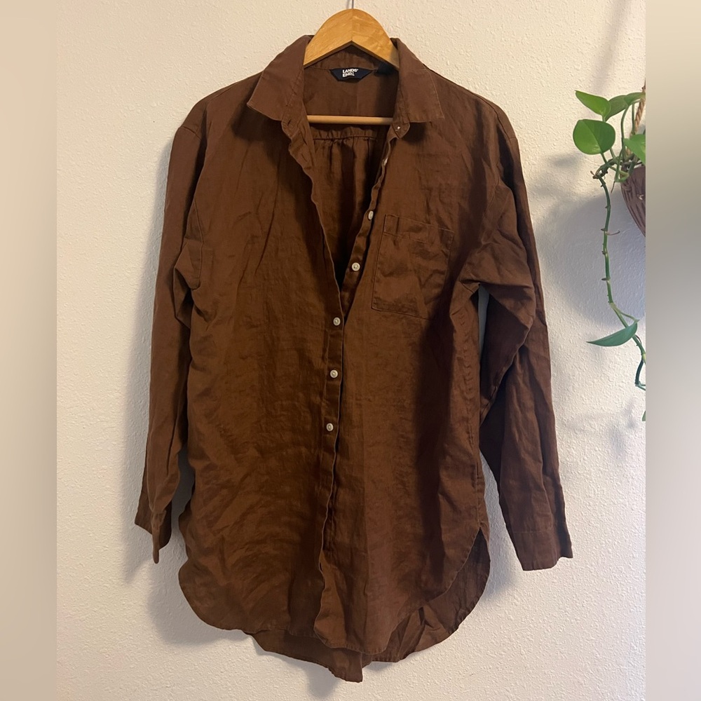 VINTAGE Lands’ End linen relaxed button down shirt, size M, chocolate brown